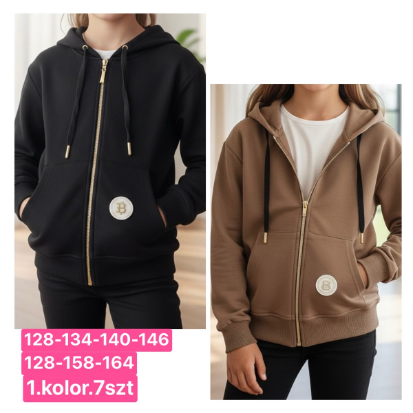 Bluzy dziewczęce Roz 128-164, 1 kolor Paczka 7 szt